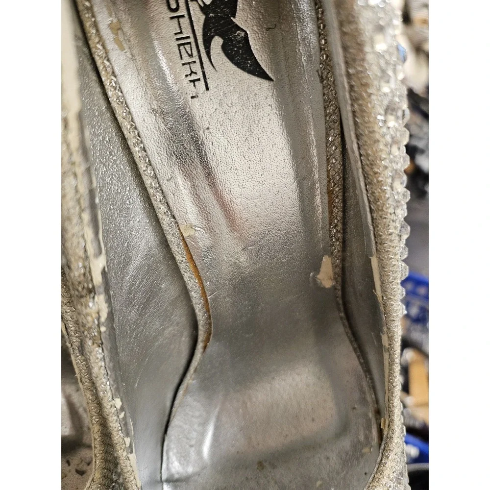 Shierrt Women's Silver Rhinestone Platform Heels Round Toe Slip-On Size 6